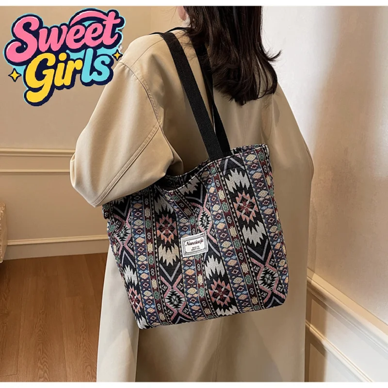 Women's Large Capacity Ethnic Style Tote Bag Fashion Niche Design Versatile One Shoulder Handbag For Daily Commute