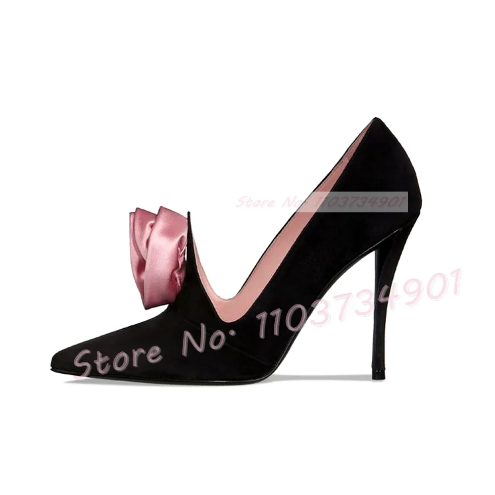 Pink Satin Flower Applique Suede Pumps Women Trendy Black High Heels Party Shoes Ladies Big Size Novelty Girly New Pointy Pumps - view 6