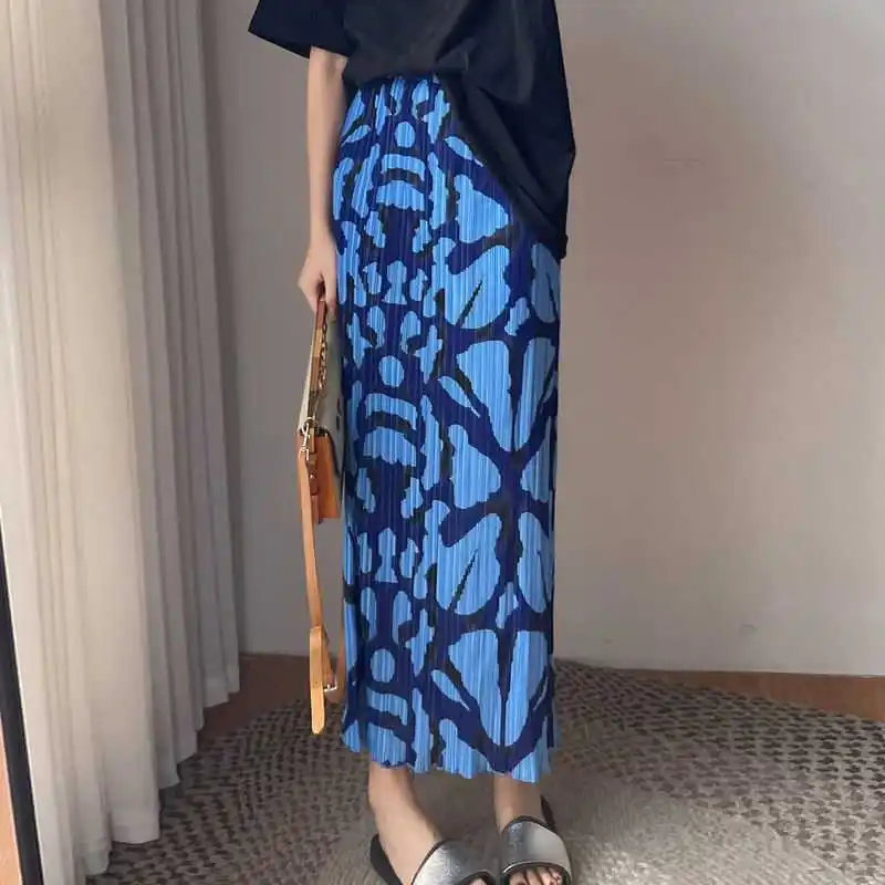 Women's New Stitched High Waist Printed Fashionable Loose Versatile Casual Pleated Skirts