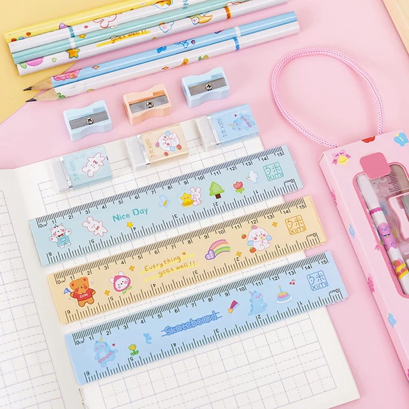 Kit de útiles Escolares Kawaii, suministros completos (lápiz 2 piezas, goma de borrar, sacapuntas, regla)