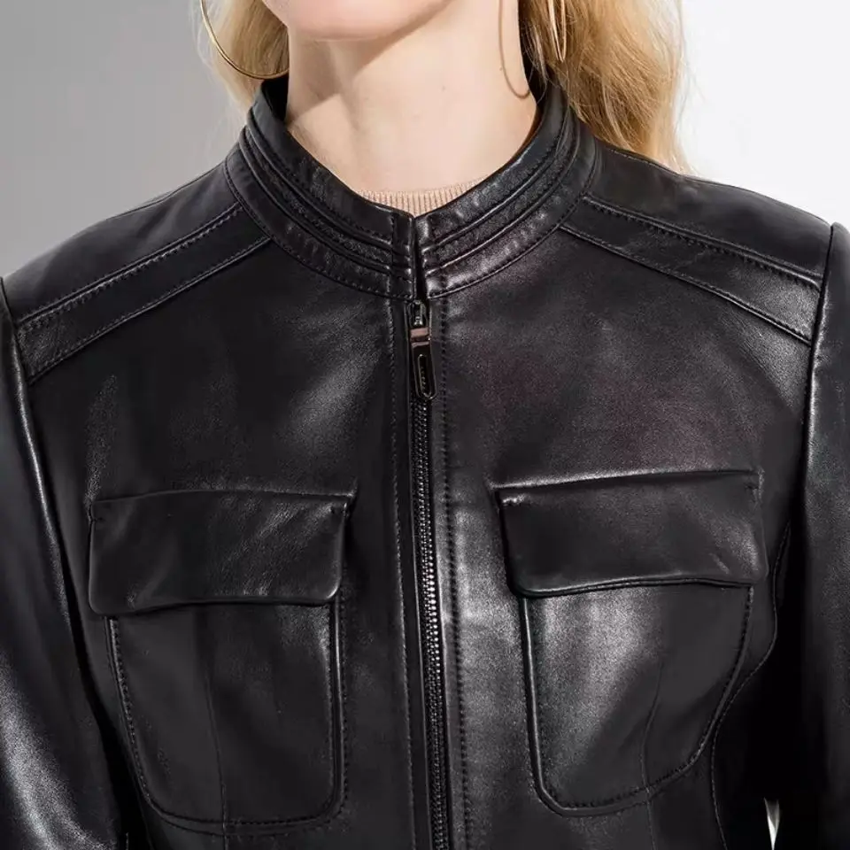 Veste de Moto en Cuir group pour Femme, Manteau Court Noir en Peau de Mouton group, Haut Slim Fit à la Mode, Printemps et Automne, Nouvelle Collection