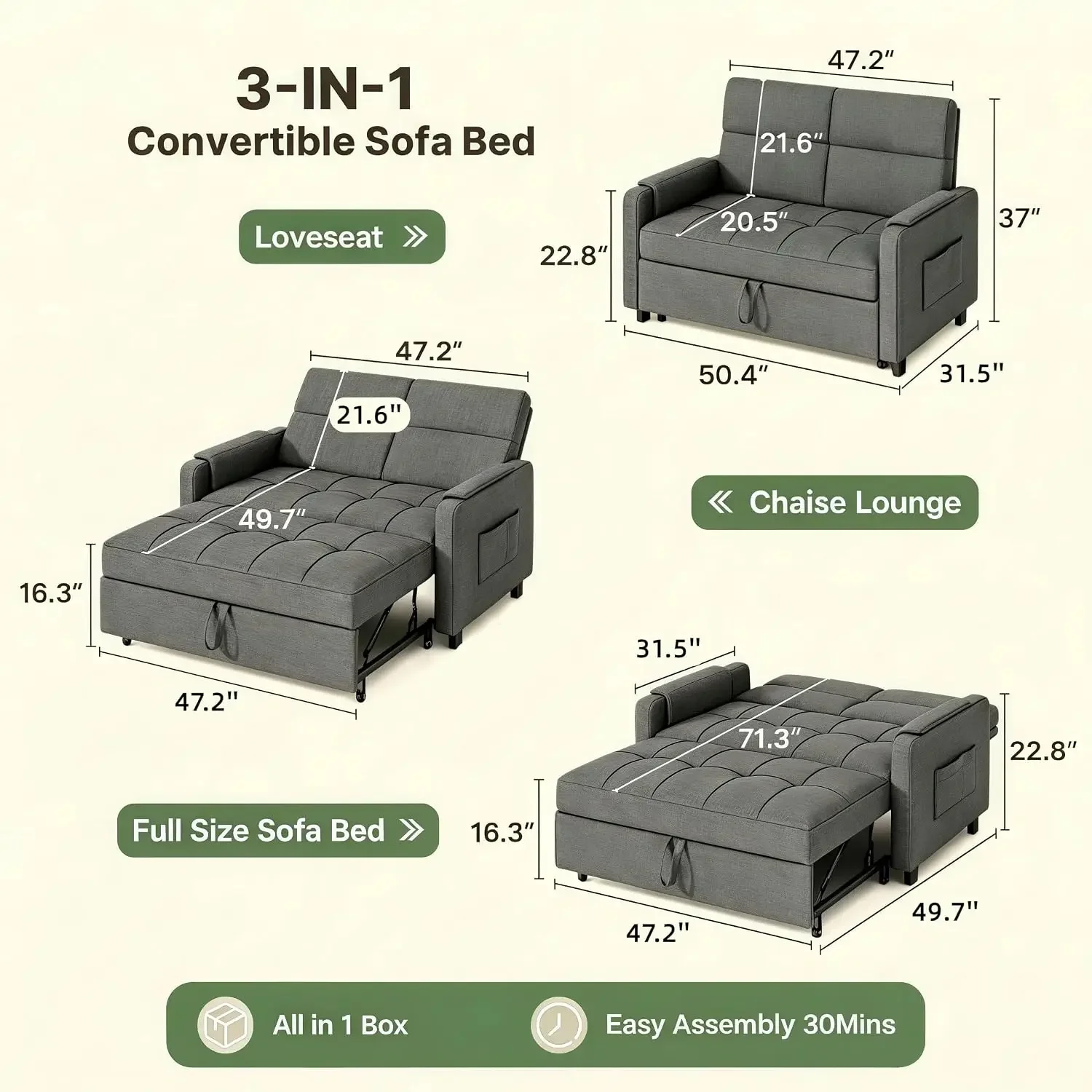 Convertible Sofa Bed Modern Couch Bed & Small Loveseat Sleeper, Grey | 3 in 1 Pull out Couch, Space-Saving Design, 5-Position Ad