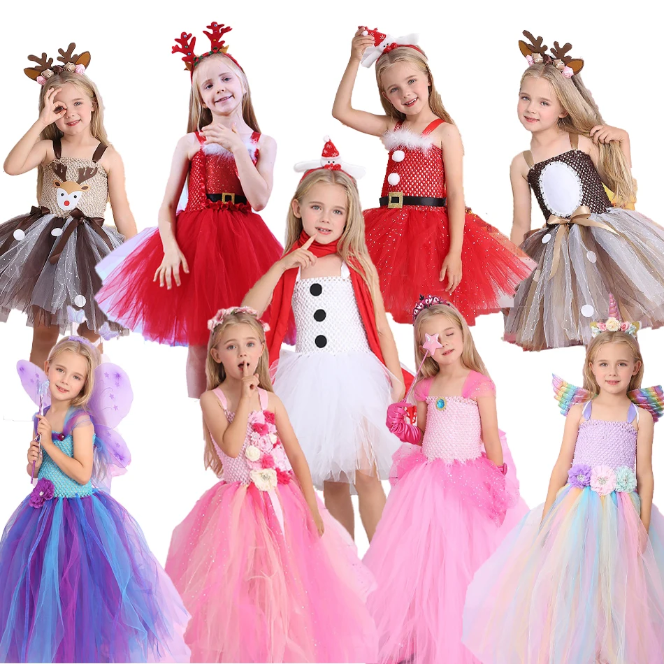 

Girls Halloween Princess Cosplay Costumes for Kids Chrismas Birthday Party Knee Length Dresses Snow White Aurora Pink