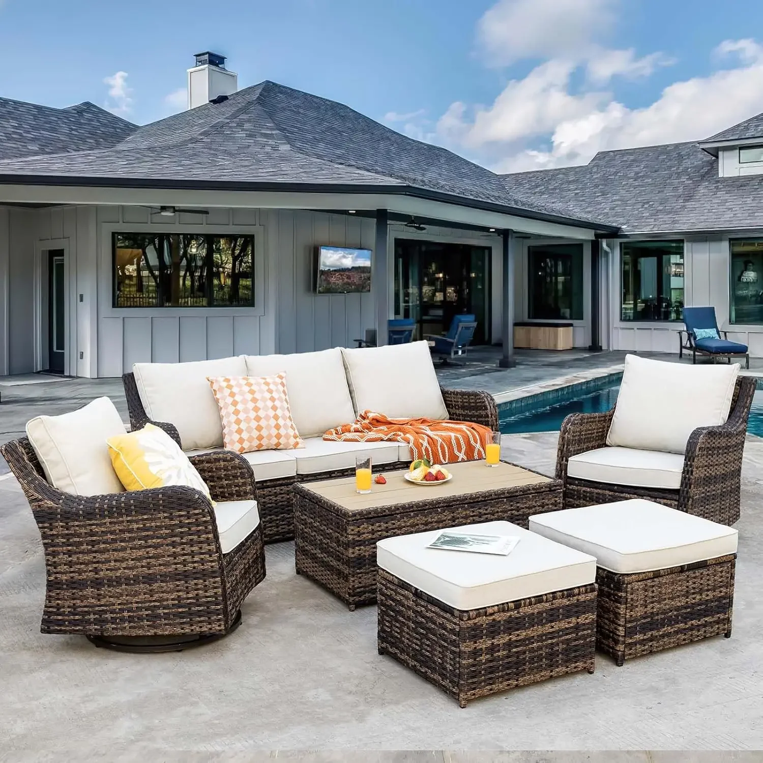 

6 Pcs Outdoor Patio Furniture Set, Patio Sectional Furniture Set with 2 Swivel Rocker Patio Chair, 2 Ottomans and Coffee Table
