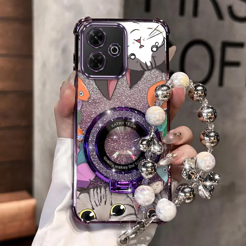 

M6 Happy Cat Plating Bracelet Holder Phone Case For Xiaomi Poco X7Pro X3Pro C65 C55 M2 M6 M5S M6Pro F6 X6 X3NFC X3 Cover