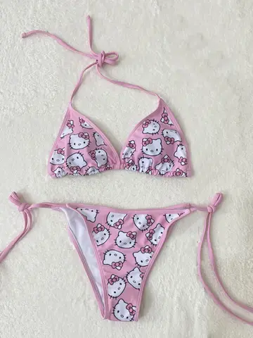 Hello Kitty Bikini Sanrio Rosa Sexiga Underkläder Y2K Heta Tjejer Underkläder Strand Semester Fritid Badkläder Dam Bikinisuit 12 best sales Hello Kitty badkläder - №4