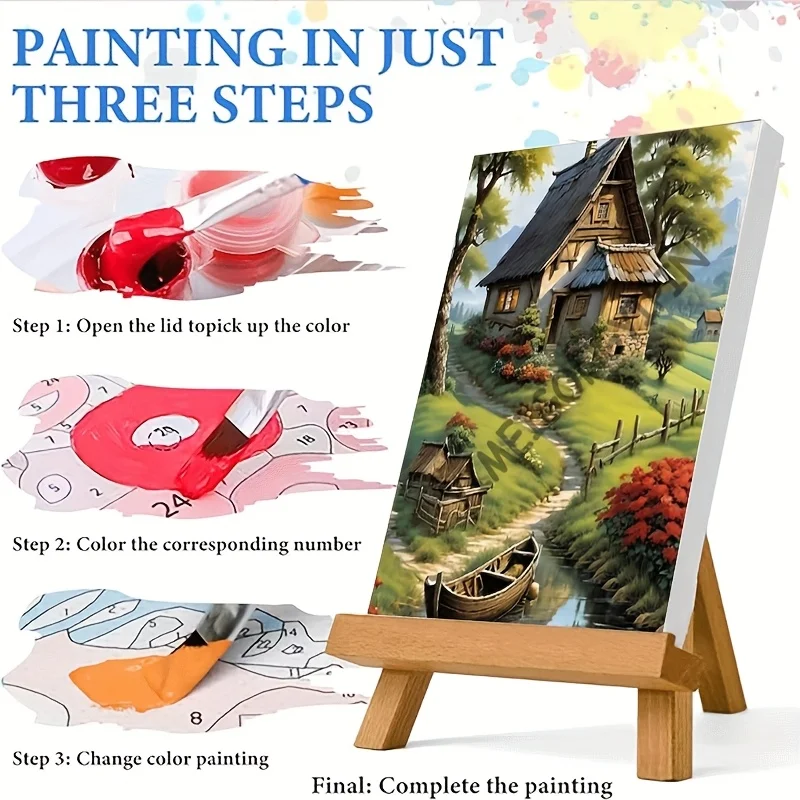 Professional Art Use 1 Set of DIY Digital Painting Kit - Charming Cottage with Boat by Stream Suitable for Adult Beginners - Sui