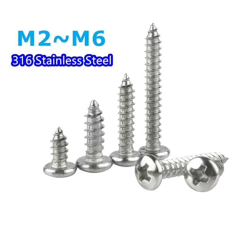 316 Stainless Steel Cross Groove Round Head Self-tapping Screws PA Pan Head Self-tapping Cross Wood Screws M2-M6