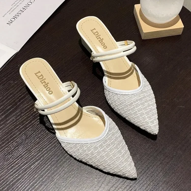 2024 Summer Sexy Pointed Toes Sandals Thin Strap Mulles Ladies Fashion Elegant Square Heels Slippers for Women Shoe White Yellow