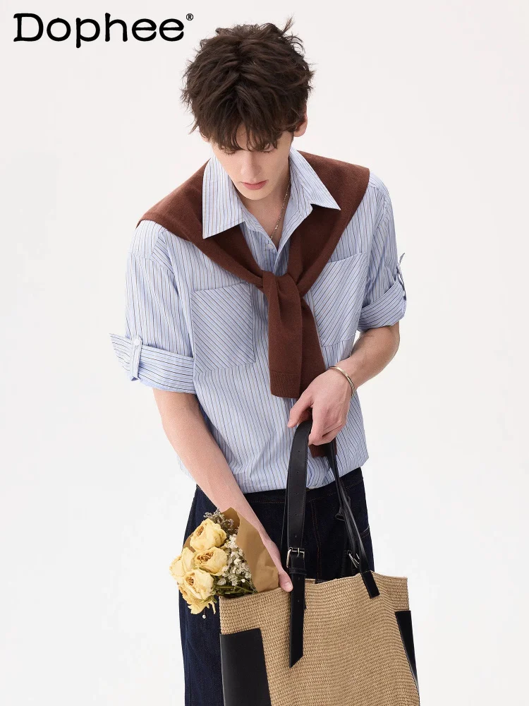 

Men's Shawl Short-sleeve Shirts Boys 2026 Summer New Thin Loose Cotton Shirts Male Handsome Pocket Decoration Lapel Comfort Tops