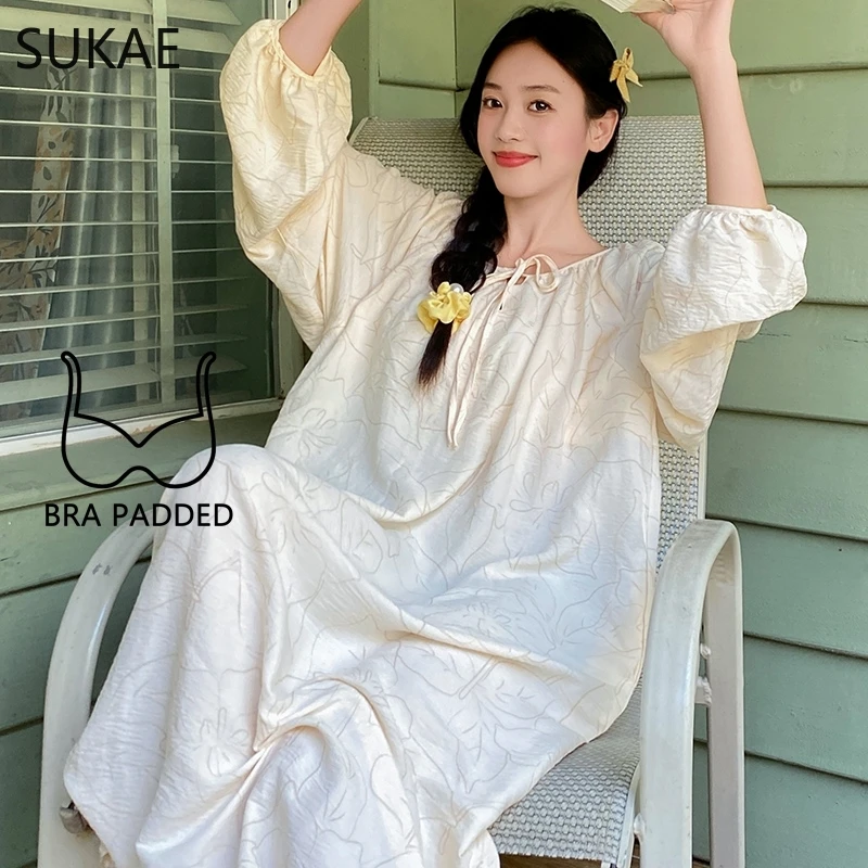 SUKAE Cotton Nightgowns for Women Autumn New Lady Long Gowns Fashion Elegant Nightwear Stylish Sleepshirt Casual Chic Girl Dress