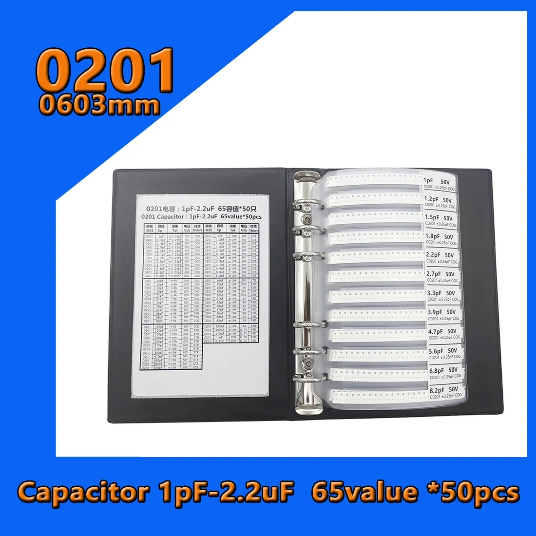 Resistor Book capacitor Book 2in1 Smd Book chip Sample 0201 0603mm 170values 50pcs 0R~10M 1% 1pf-2.2uf 65values SMD