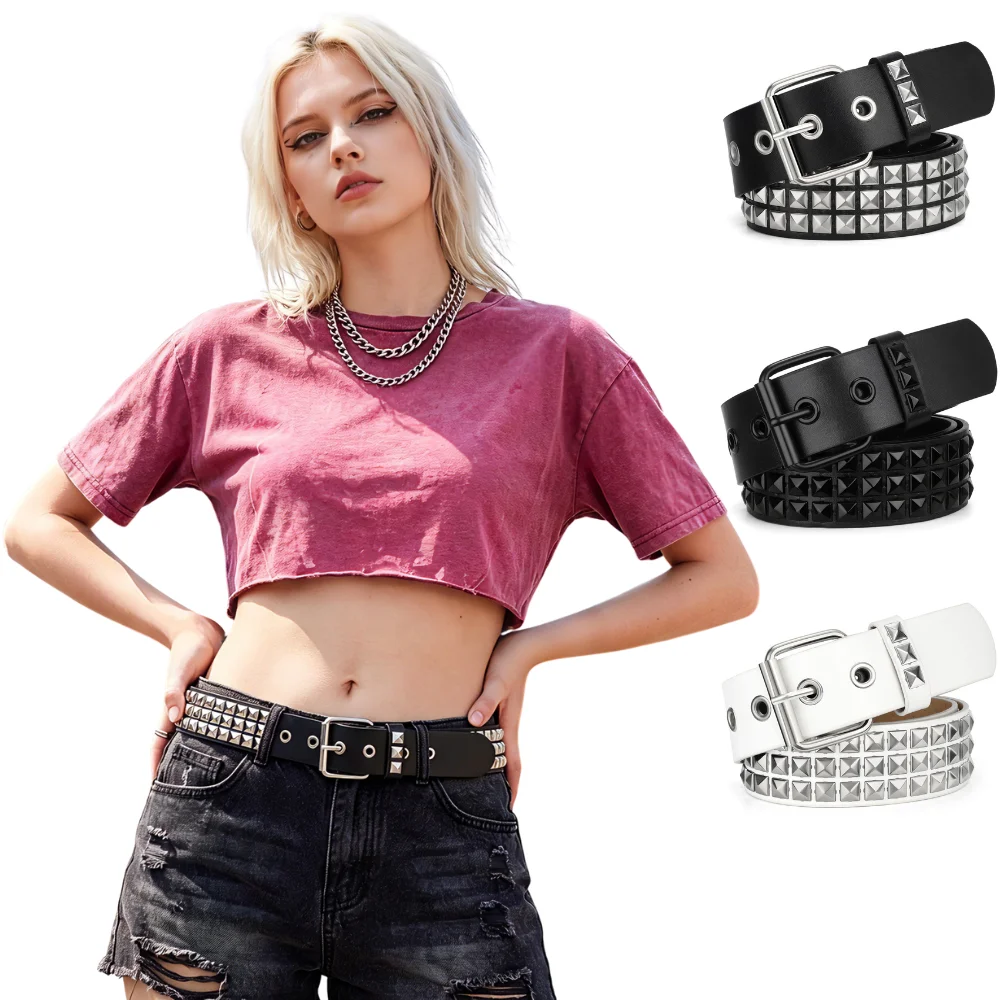 Women’s Punk Studded Belt, Adjustable Black/White Faux Leather Pyramid Belt with Pin Buckle for Jeans & Streetwear