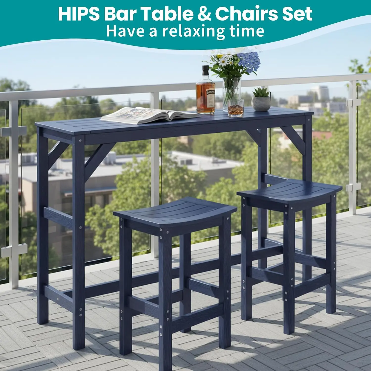 3 Pieces Poly Lumber Outdoor Patio Bar Set All Weather HIPS Bar Table Chairs 55 Inch Rectangular High Top Bar Stools Patio Pools