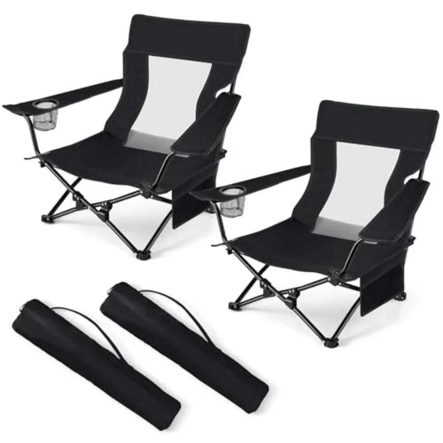 

Folding Beach Chair Set of 2 Black Polyester Outdoor Chairs for Camping Fishing Picnic BBQ Travel Sports Portable Low-Profile D