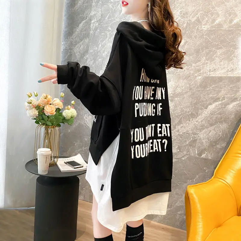 Spring Autumn New Irregular Patchwork T Shirt Tops Long Sleeve Hooded Letter Printing Pullovers Fashion Casual Women Clothing