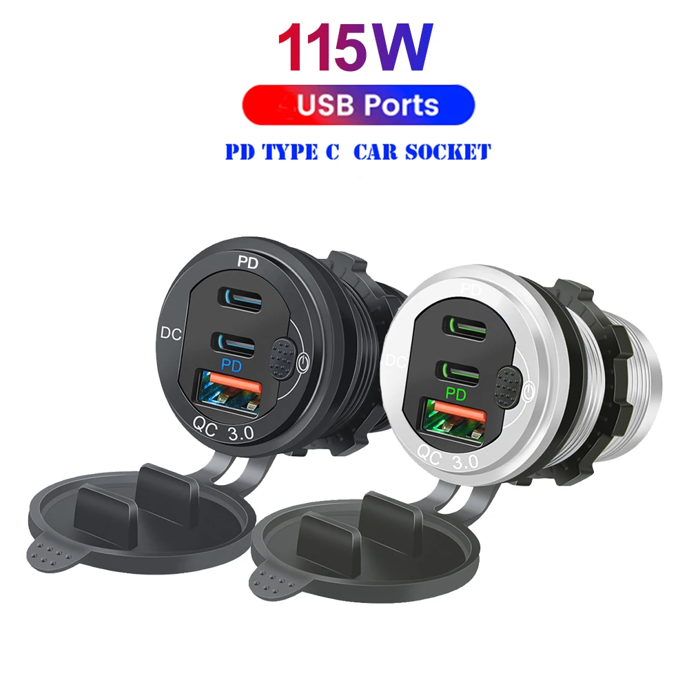 

Three Ports Quick Charge Dual PD & QC 3.0 115W Aluminum Car Charger Outlet Socket For 12V 24V Motorcycle Boat Marine Truck ATV