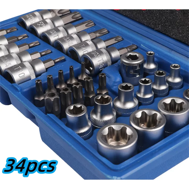 High-quality 34Pcs Torx Star Sockets & Bit Set Male / Female E-Security Bits Drive Handheld Tool Torque Star Socket