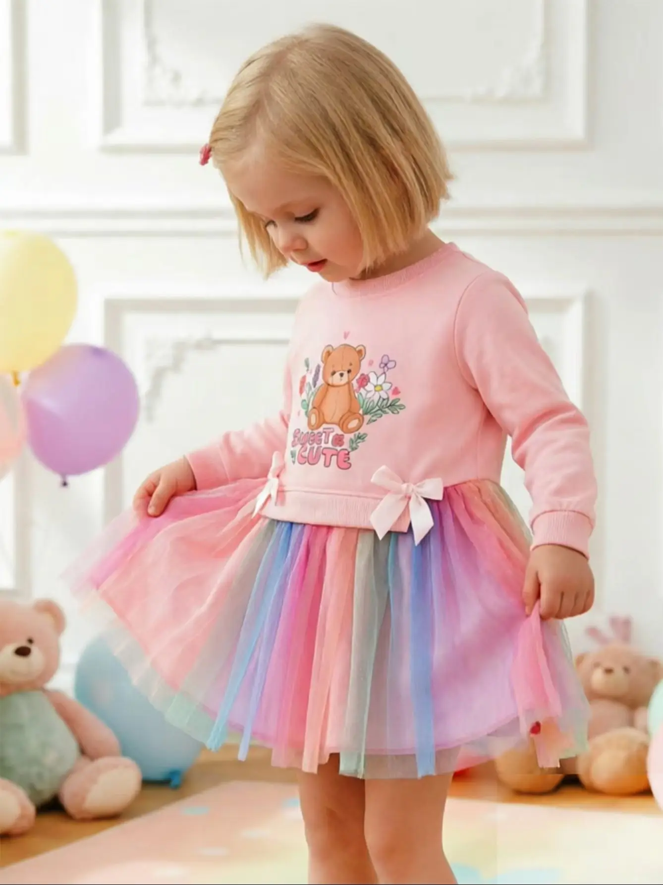 Cartoon-Bär bedrucktes Prinzessinnenkleid mit Regenbogen-Mesh und langen Ärmeln, Schleifenknoten, Frühlings- und Herbstkleid für Mädchen, süß und lieblich. – Detail 2