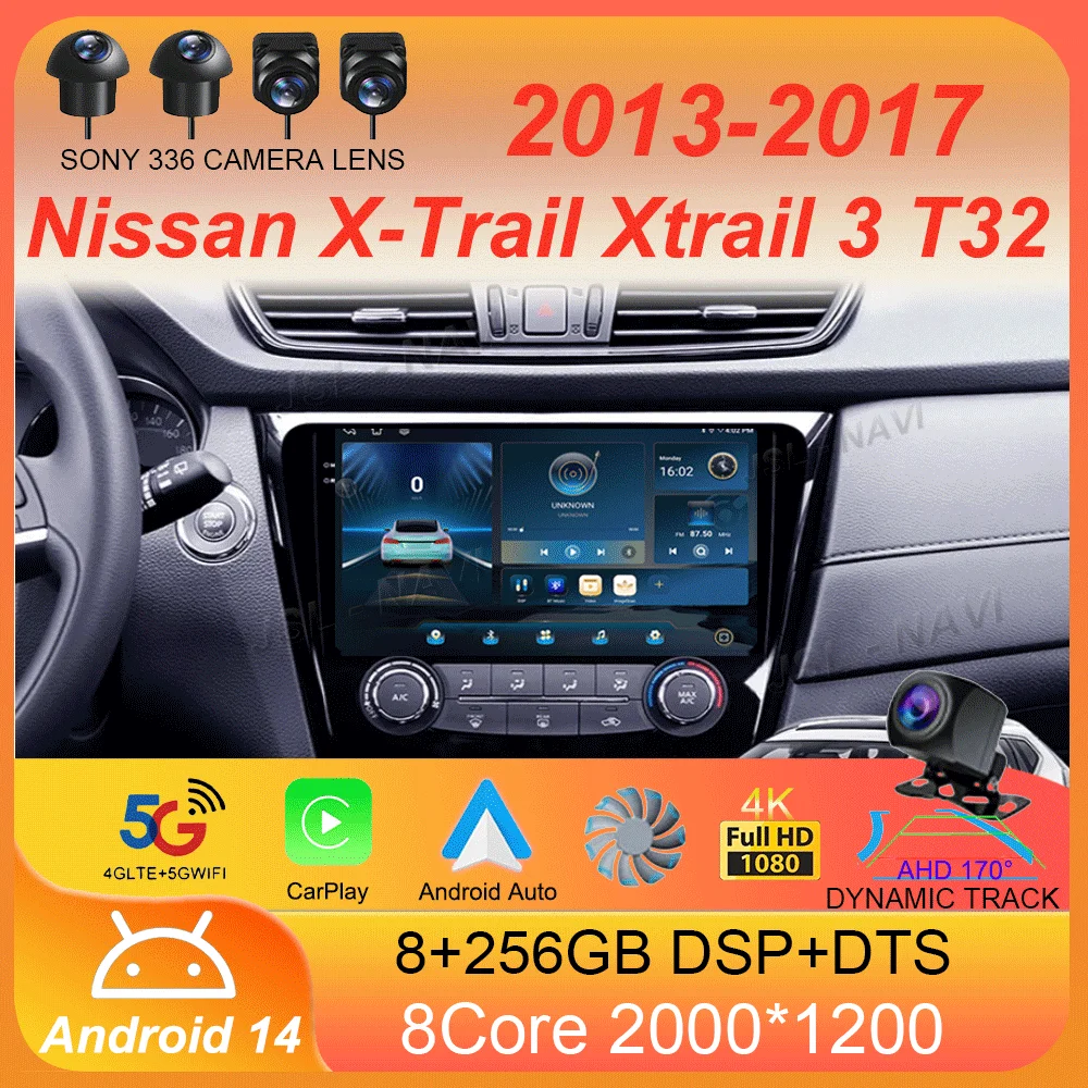 Android 14 Carplay Auto para Nissan x-trail Xtrail 3 T32 2013 - 2017 Radio de coche GPS reproductor de vídeo Multimedia estéreo 360 cámara DSP