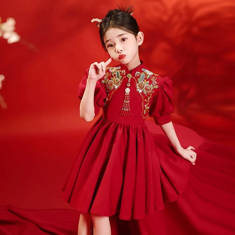 2026 summer Kids Girls solid chinese retro red Cheongsam Qipao Princess Teenager New Year Dress Clothing 4 7 8 9 10 12 14 Years