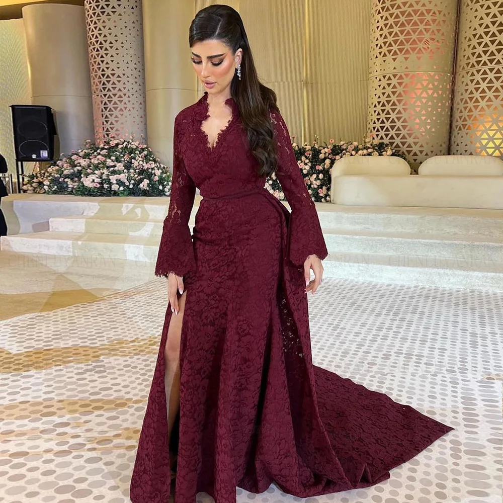 Lace Burgundy Formal Occasion Dresses 2024 V-Neck Long Sleeves Mermaid Ball Gown Backless Sexy Evening Party Gown فساتين الحفلات