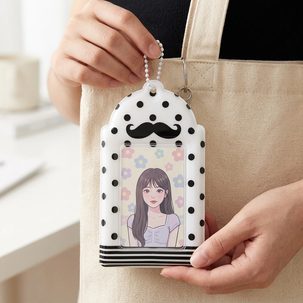 Polka Dot Mustache Card Holder 3 Inch Polaroid Kpop Photocard Protector School Meal Card Storage Sleeve Pendant