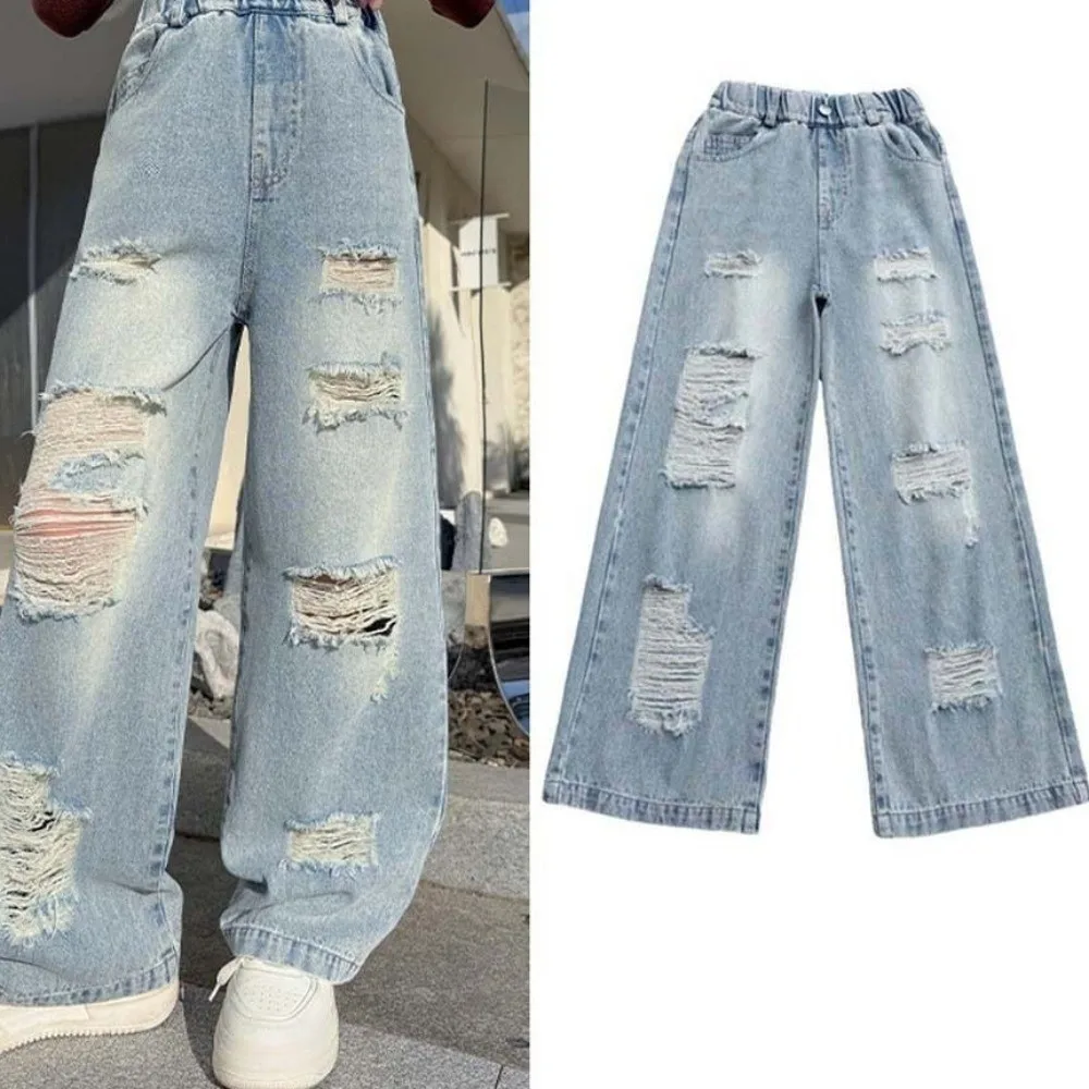 Ripped Wide Children Jeans Straight Loose Leg Blue Teen Girl Jeans High Waist Streetwear Girls Denim Trousers Spring Autumn