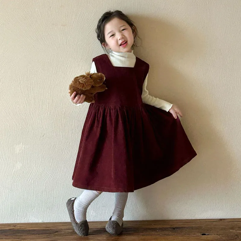 Little Girls Red Corduroy Dress Winter Fall Jumper Skirt Sleeveless Party Dresses For Girl Toddler Baby Clothing 2 To 10 Year