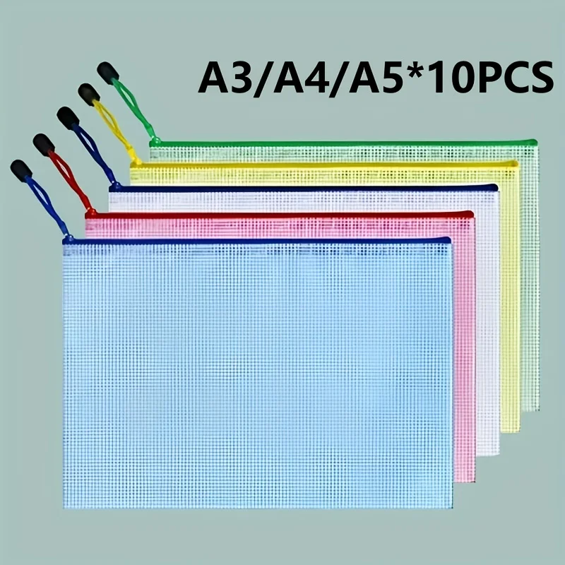 10-Pack Waterproof Mesh Zipper File Folders | A3/A4, 5 Color Options, Durable Multi-Use Storage for School, Office & Cosmetics
