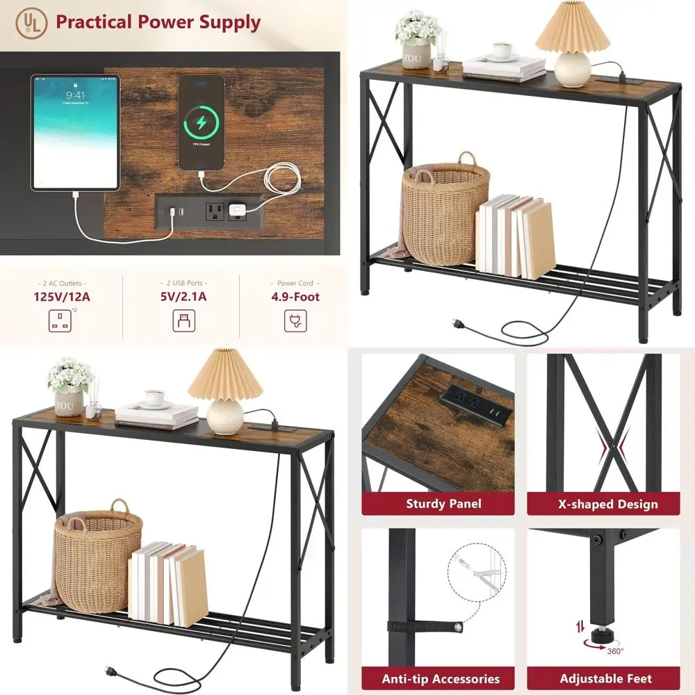 

41.8 Charging Console Table, 2-Tier Entryway Shelf Table, Slim Sofa Side Table, Long Couch Back Table, Ideal for Entry, Foyer, L