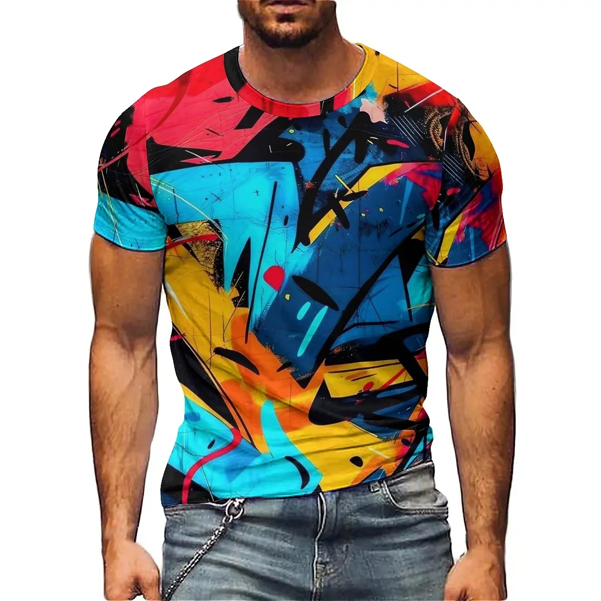 يوان سو فنغ الرجال ثلاثية الأبعاد مطبوعة تي شيرتات قصيرة الاكمام الإبداعية التدرج نسخة فضفاضة تنفس ومريحة النسيج متعة الكرتون #1