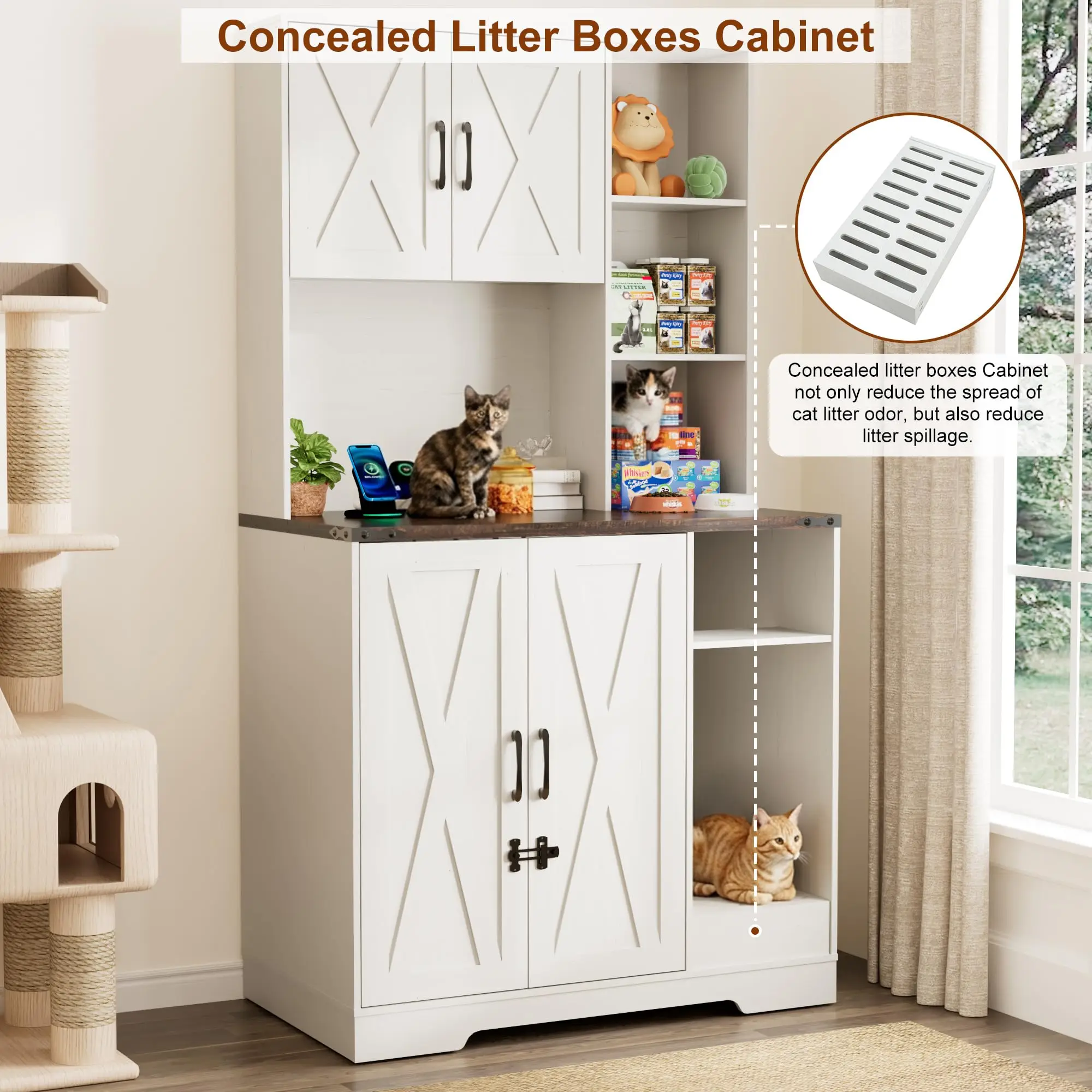 71Inches Tall Cat Litter Box Enclosure for Cats W/Power Outlets,Open Shelves.Wooden Pet Washroom Furniture