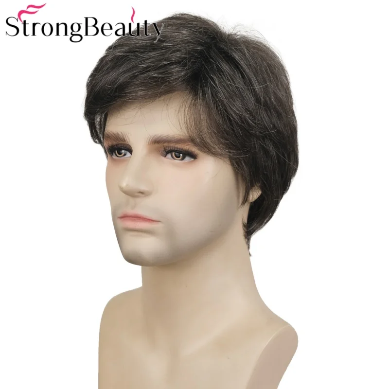 شعر مستعار قصير مستقيم للرجال من سترونج بيوتي، شعر مستعار صناعي طبيعي أسود/رمادي بدون غطاء مقاوم للحرارة #3