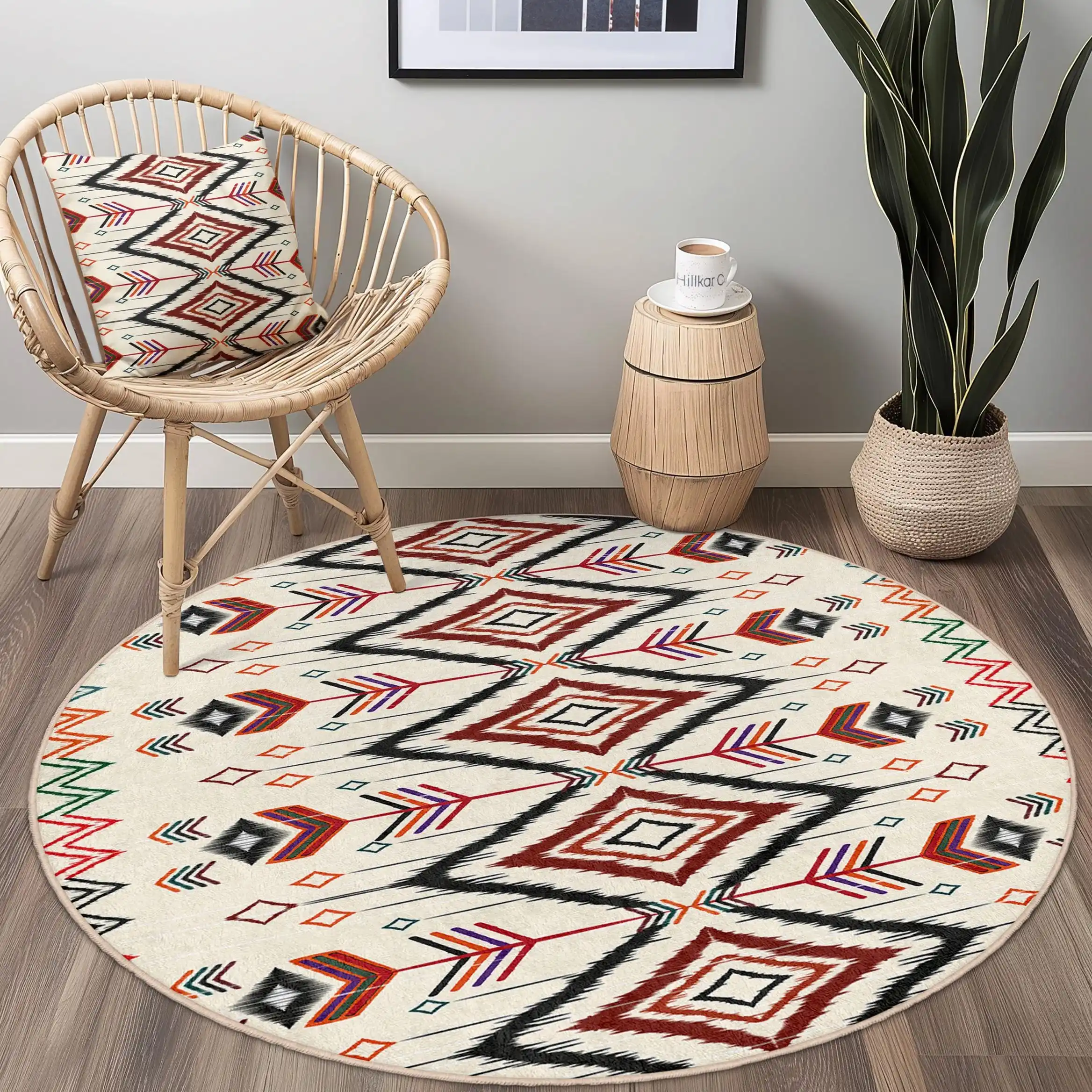 Vintage Ethnic Round Area Rug Aztec Southwestern Diamond Circle Carpet Washable Non Slip Entryway Apartment Home Floor Decor