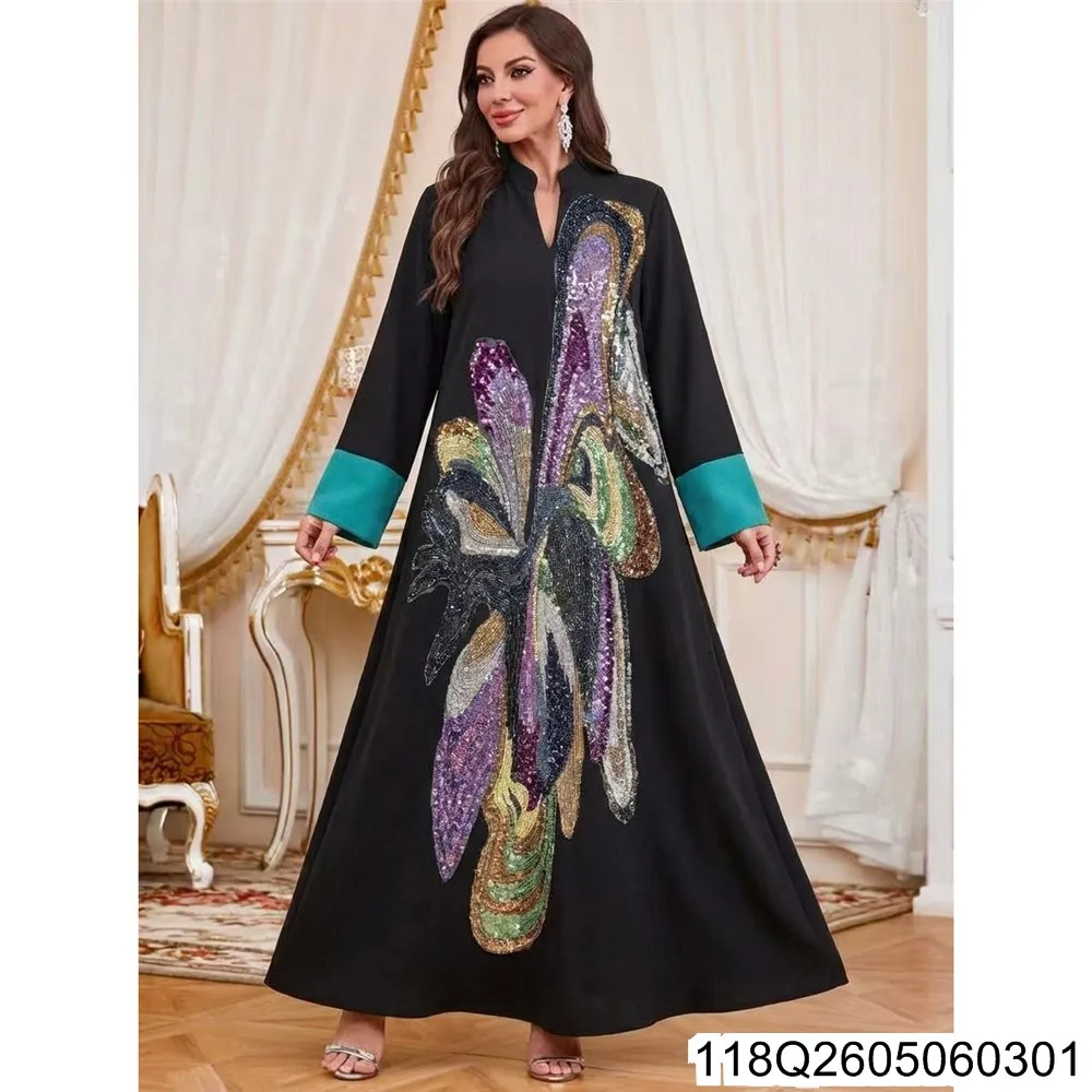 

2026 New Elegant Long Gown, Women's Fashion Floral Beaded Loose Pullover Dress, Ethnic Style Dress 118Q26050603