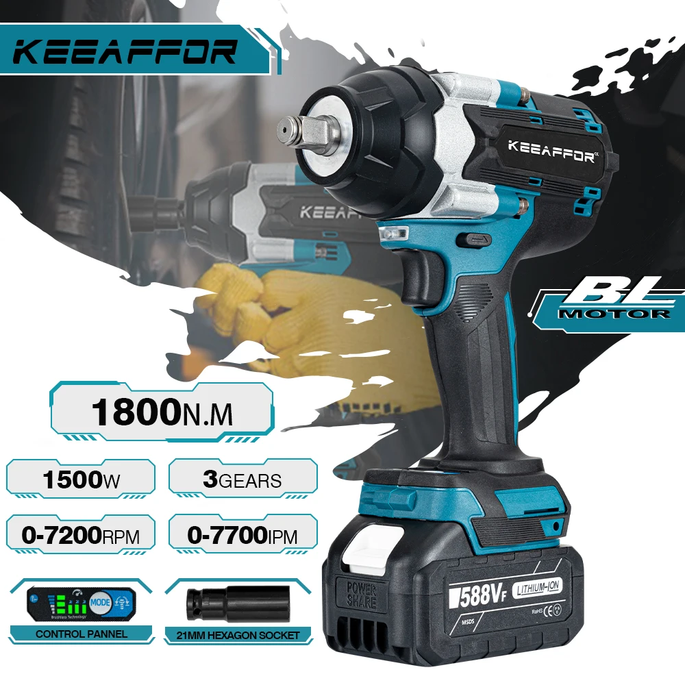 KEEAFFOR Brushless 1800N.M Torque Electric Impact Wrench 5Gear 1/2Inch Wireless Cordless Drill Power Tool For Makita 18V Battery