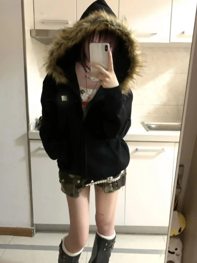 Korean Casual Fur Patchwork Hooded Hoodies 2024 Women Y2k Aesthetic Loose Streetwear Coats Grunge Vintage Zipper Sweatshirts