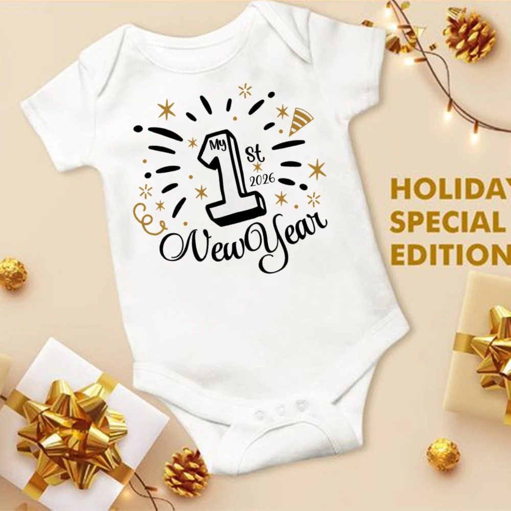 سنة جديدة سعيدة 2026 الوليد ارتداءها الطفل 1st السنة الجديدة حفلة طفل الزي عطلة الملابس صبي فتاة قصيرة الأكمام بذلة #5
