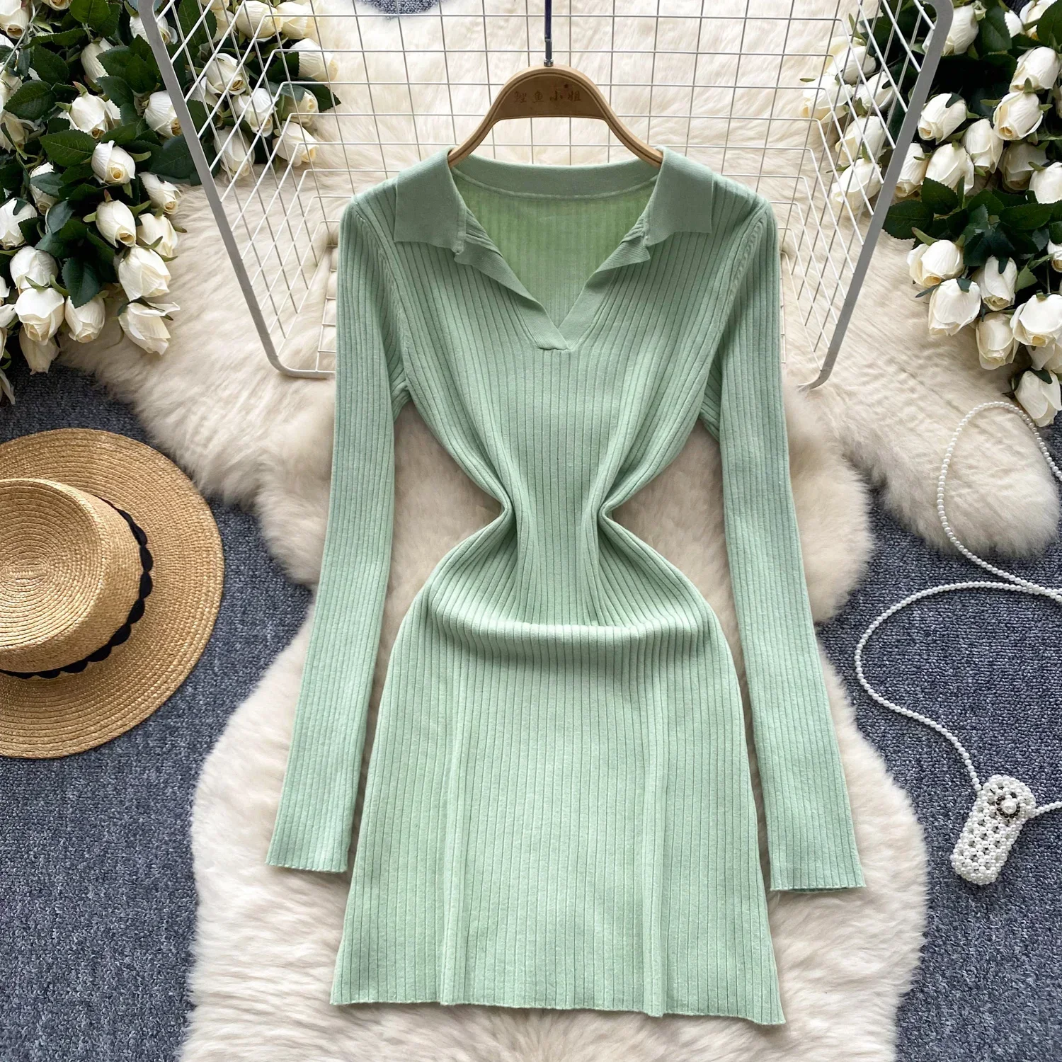 

2024 Autumn Winter Basic Wrap Hips Bodycon Dress Women Long Sleeve Slim Elastic Knitted Sweater Dress Vestidos