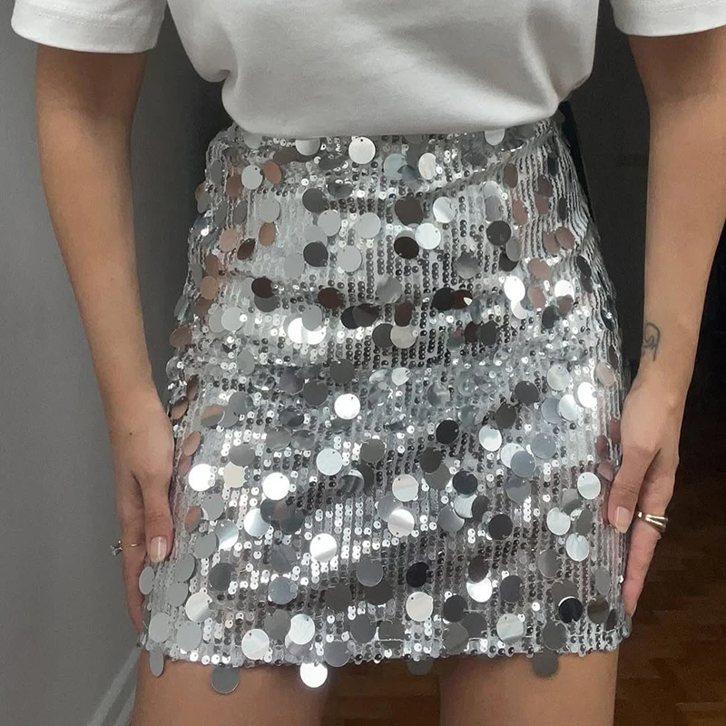 

Luxury Sequin Mini Skirt Women's Fashion Summer Solid High Waist Skirts Female Streetwear Glitter Chic Short Skirts