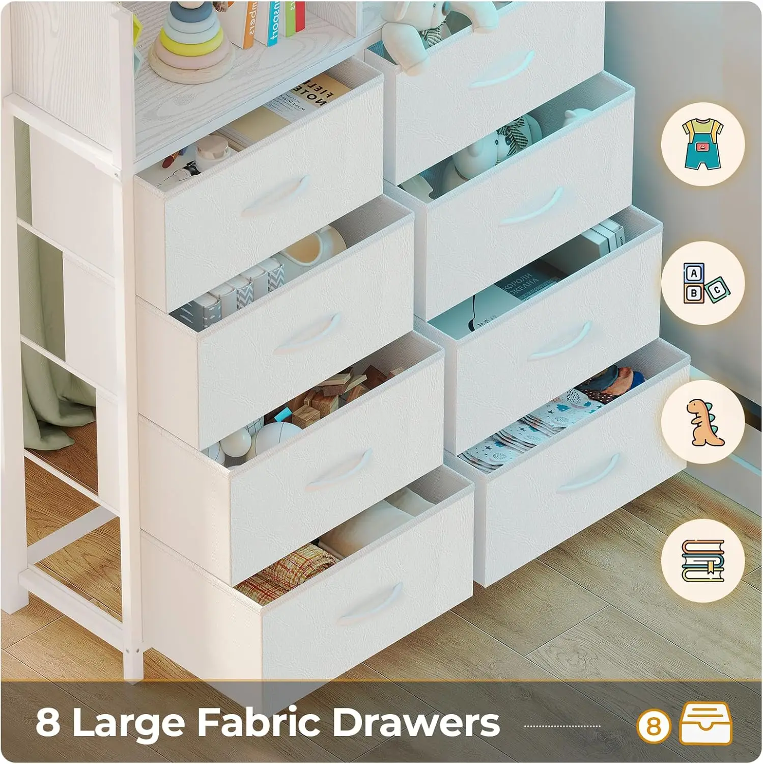 سرير توأم مع مكتب، 8 أدراج، أضواء LED، أبيض