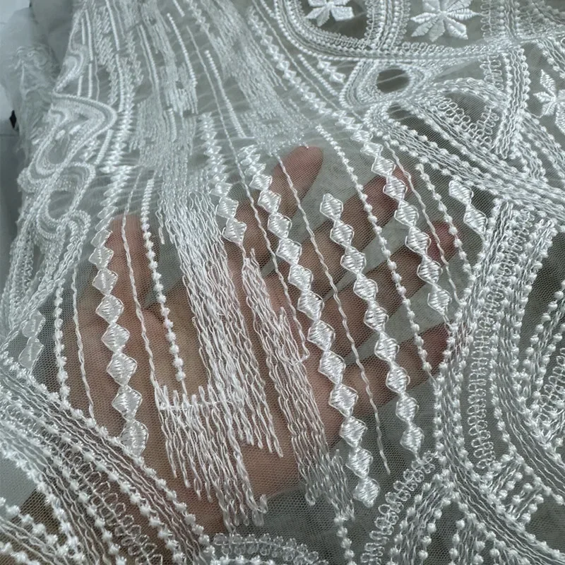 New Textured Polyester Thread Pure Lace Embroidery Fabric Sheer Tulle DIY Wedding Dress Evening Gown Bridal Decor Formal Clothe