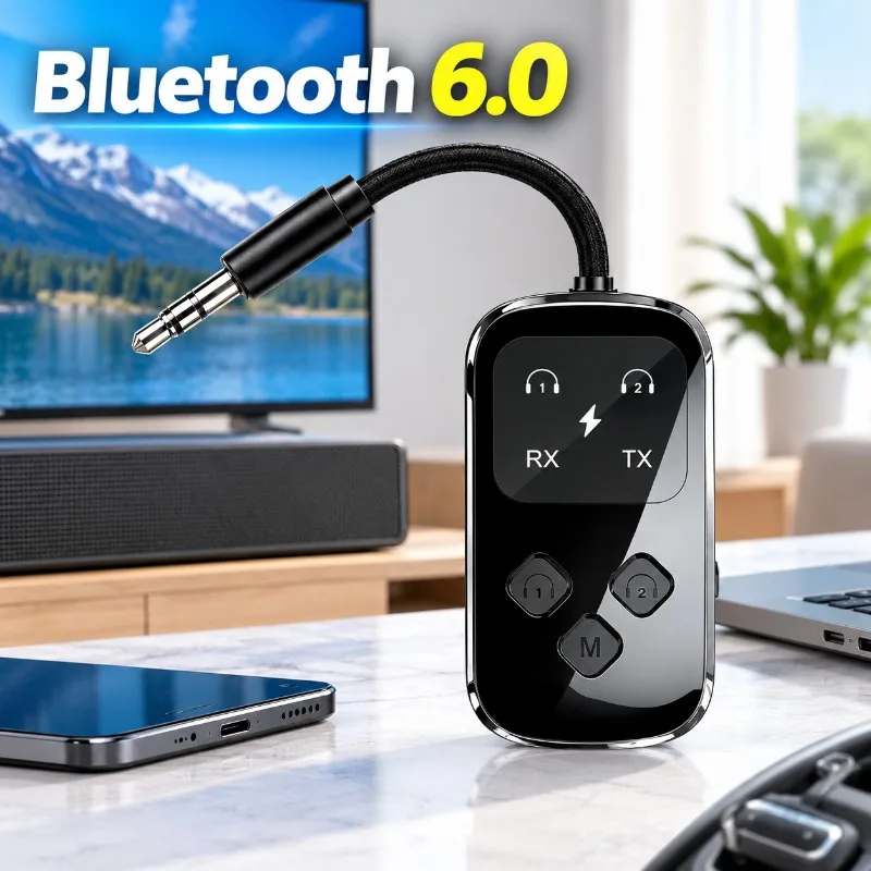 Bluetooth 6.0 Receiver AUX 2-in-1 Bluetooth Transmitter Adapter 3.5mm Audio Converter for TV Computer Car Handsfree Call Music