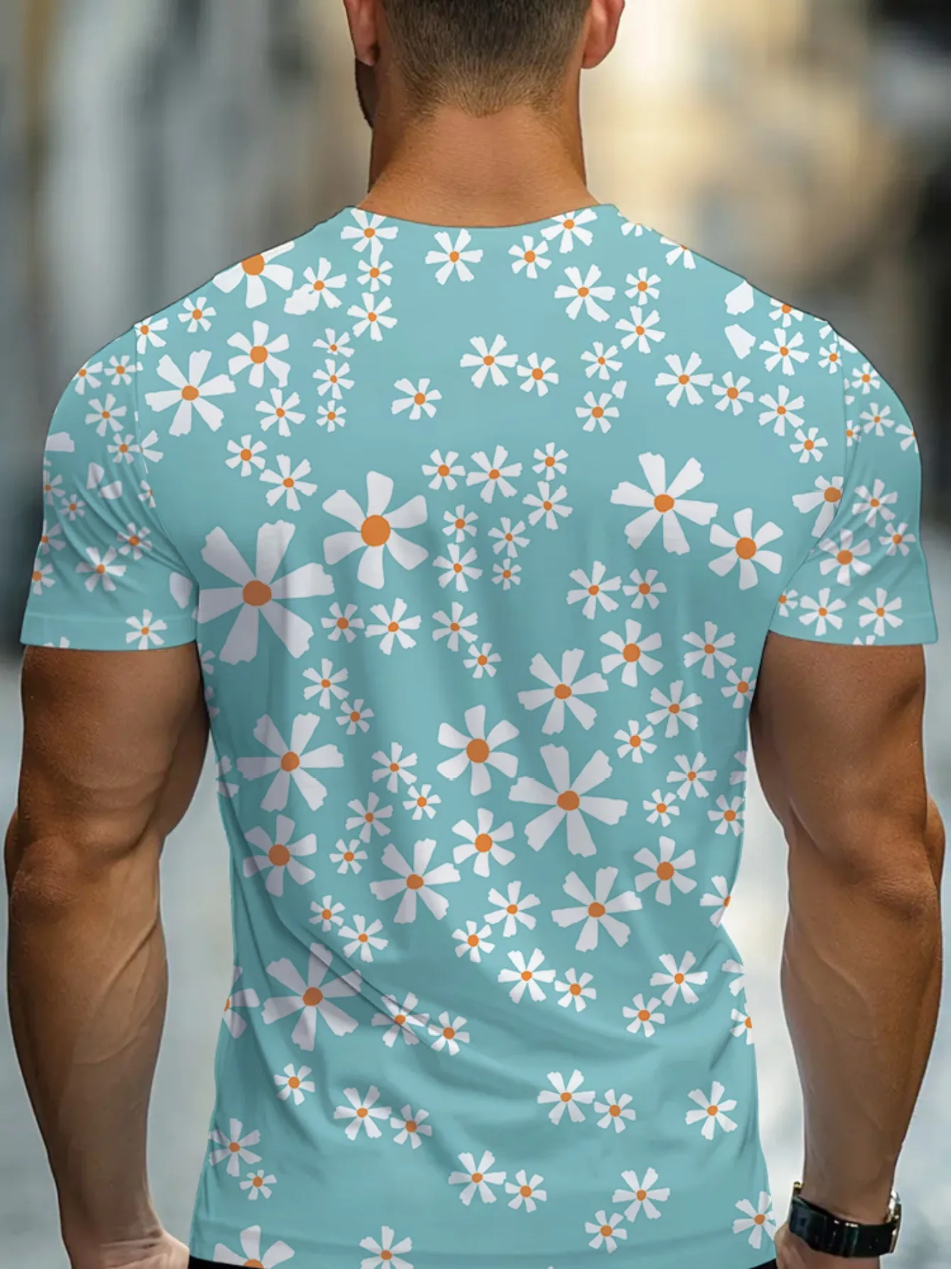 Men's Light Blue Daisy Floral Full Print T-Shirt Summer Fresh Flower Casual Crew Neck Tee