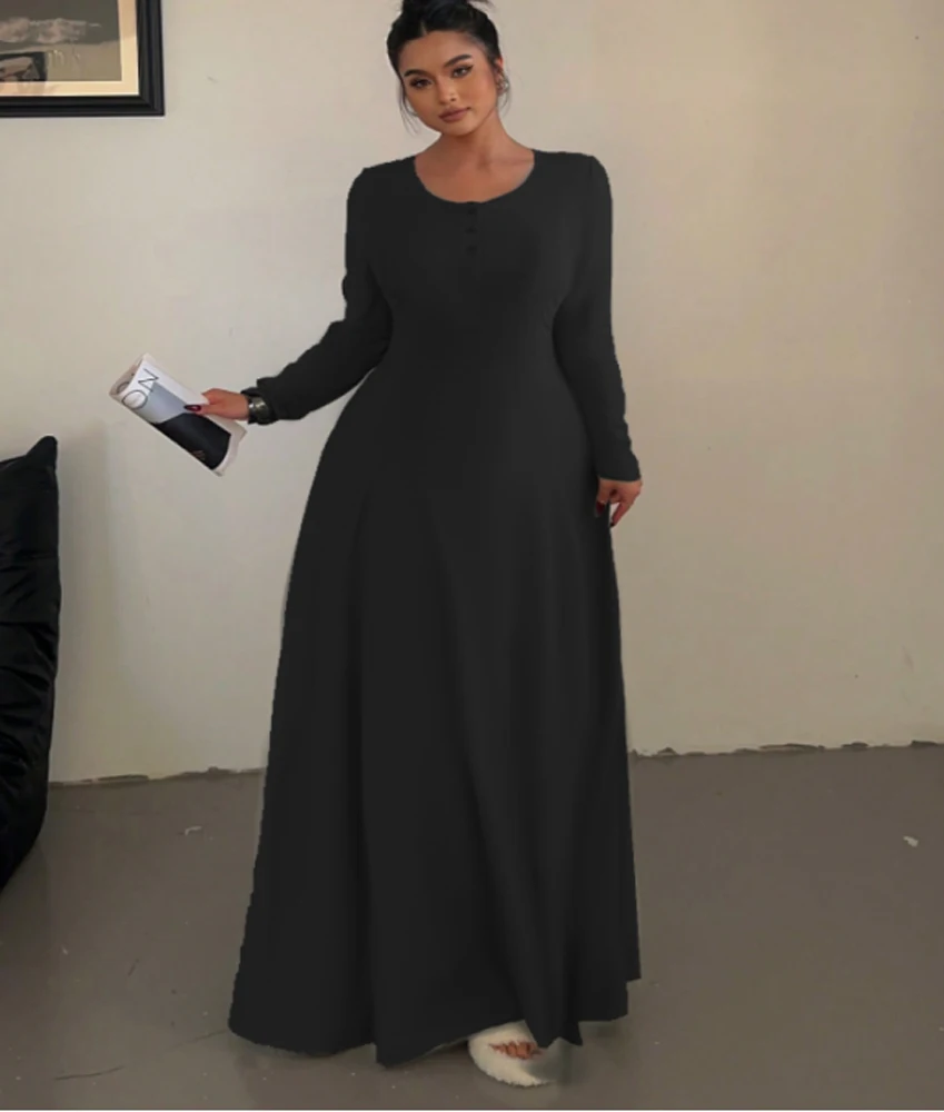

Plus size Solid colour Knitted Elegant Waist Slim A-line Draped dress long women's polyester 2025 Summer New