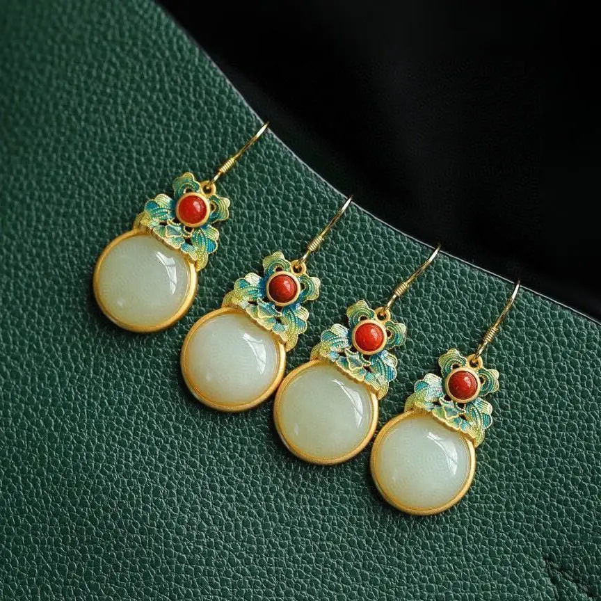 Natural Hetian  jade enamel porcelain Earrings Chinese retro court style unique ancient gold charm women's silver jewelry