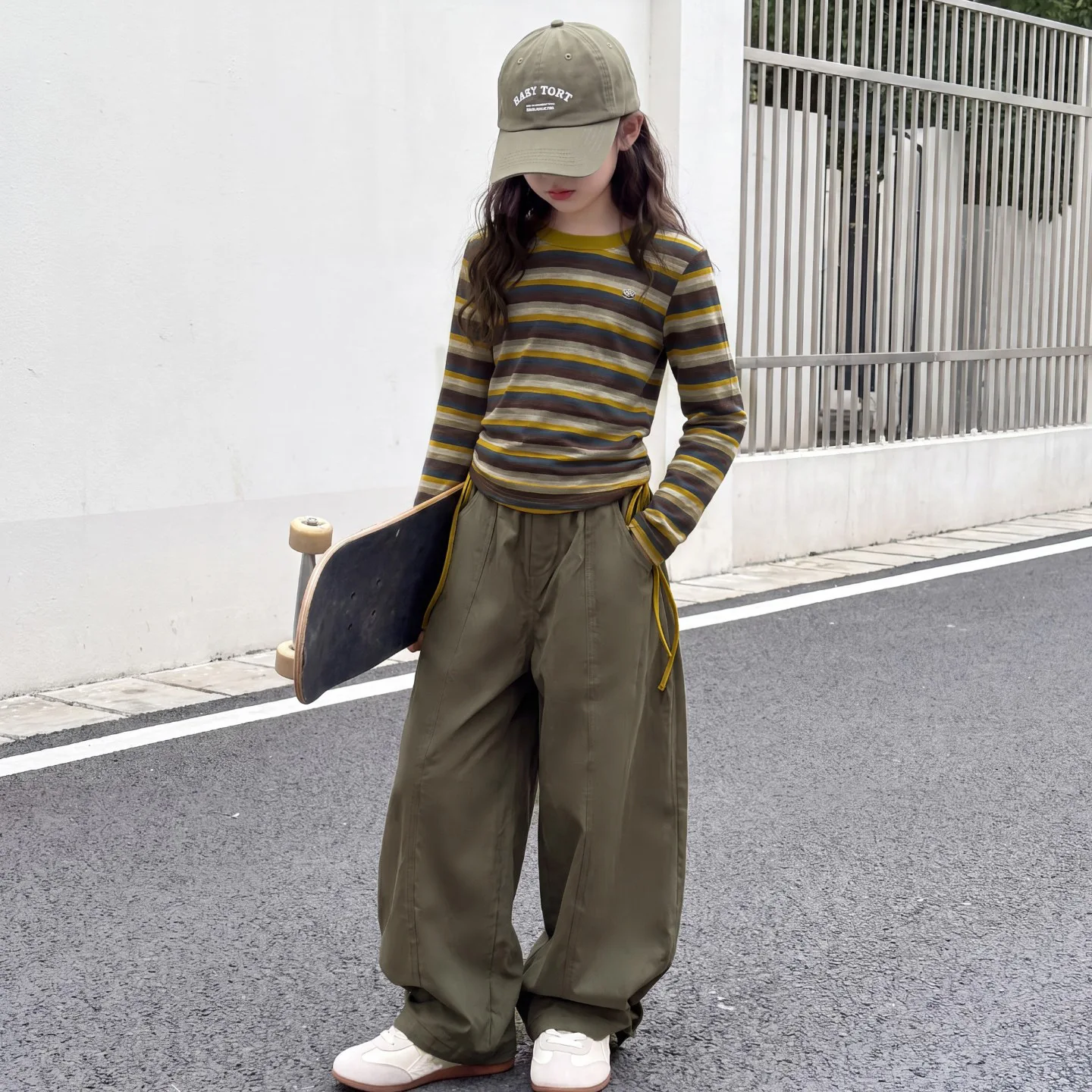 Kids Clothes Sets 2026 Autumn Teen Girls Striped Long Sleeve Round Neck Top+Wide Leg Cargo Pants 2PCS Children Casual Streetwear