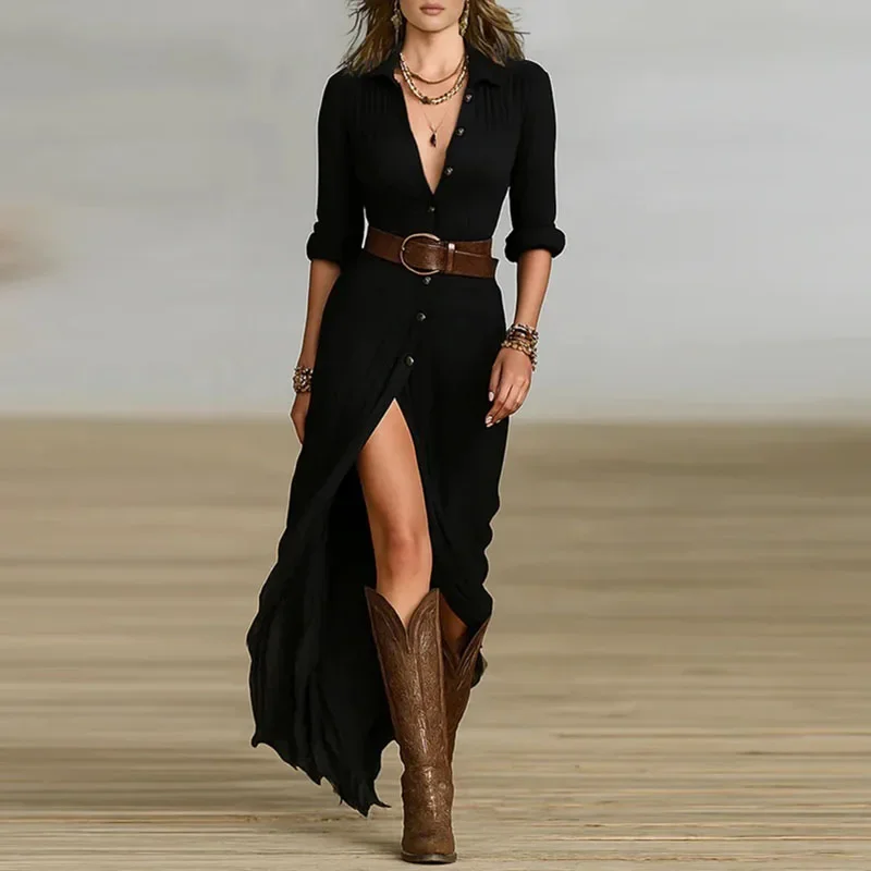 Vrouw Jurken 2023 Nieuwe Franse Retro V-hals Gordel Slanke Geplooide Lange Jurk Herfst Single Breasted Lange Mouw Split Bohemian Jurk
