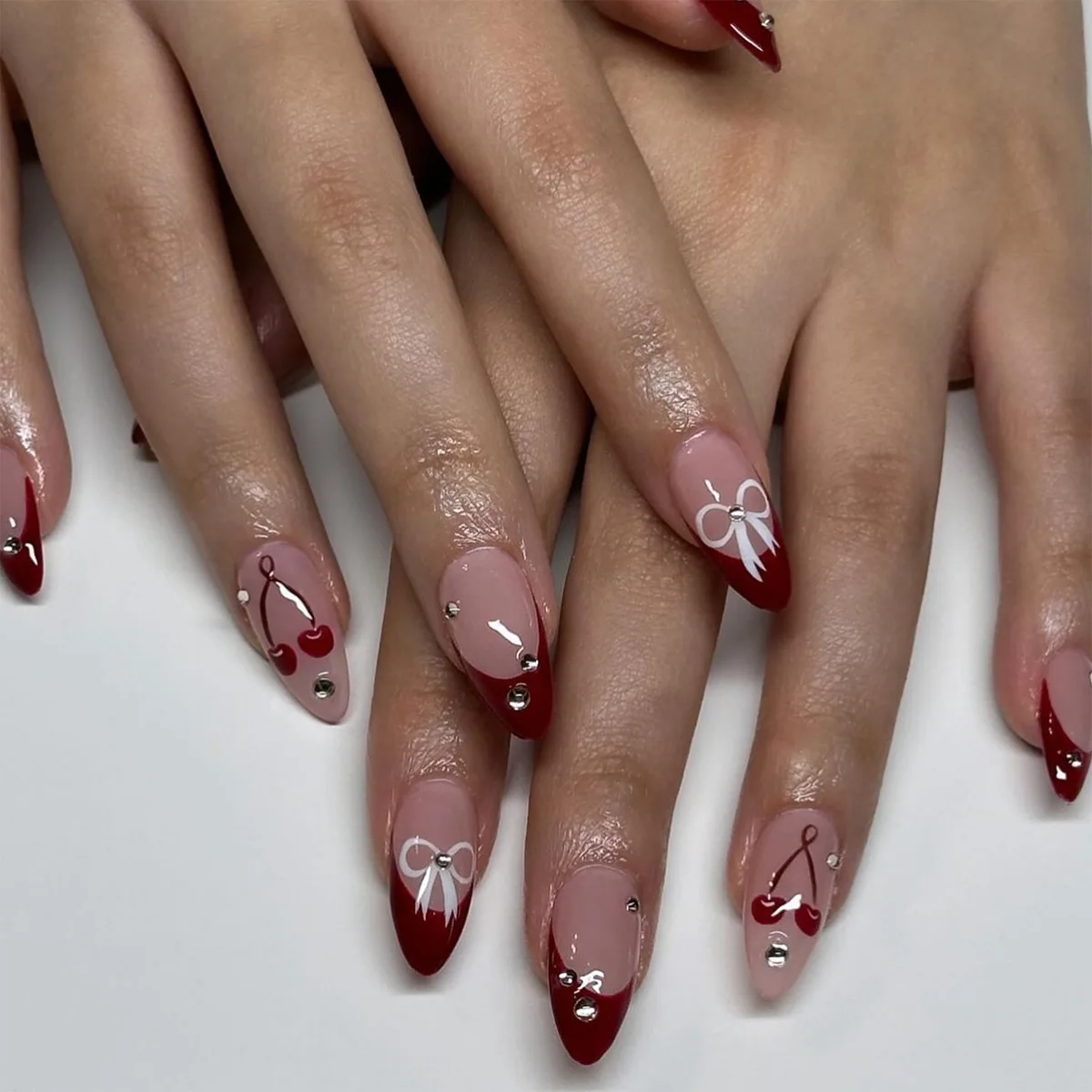

24PCS Simple Red French Press on Nails with Glue Sweet Bowknot Cherry Patterns Fake Nails for Women Wearable Almond False Nails